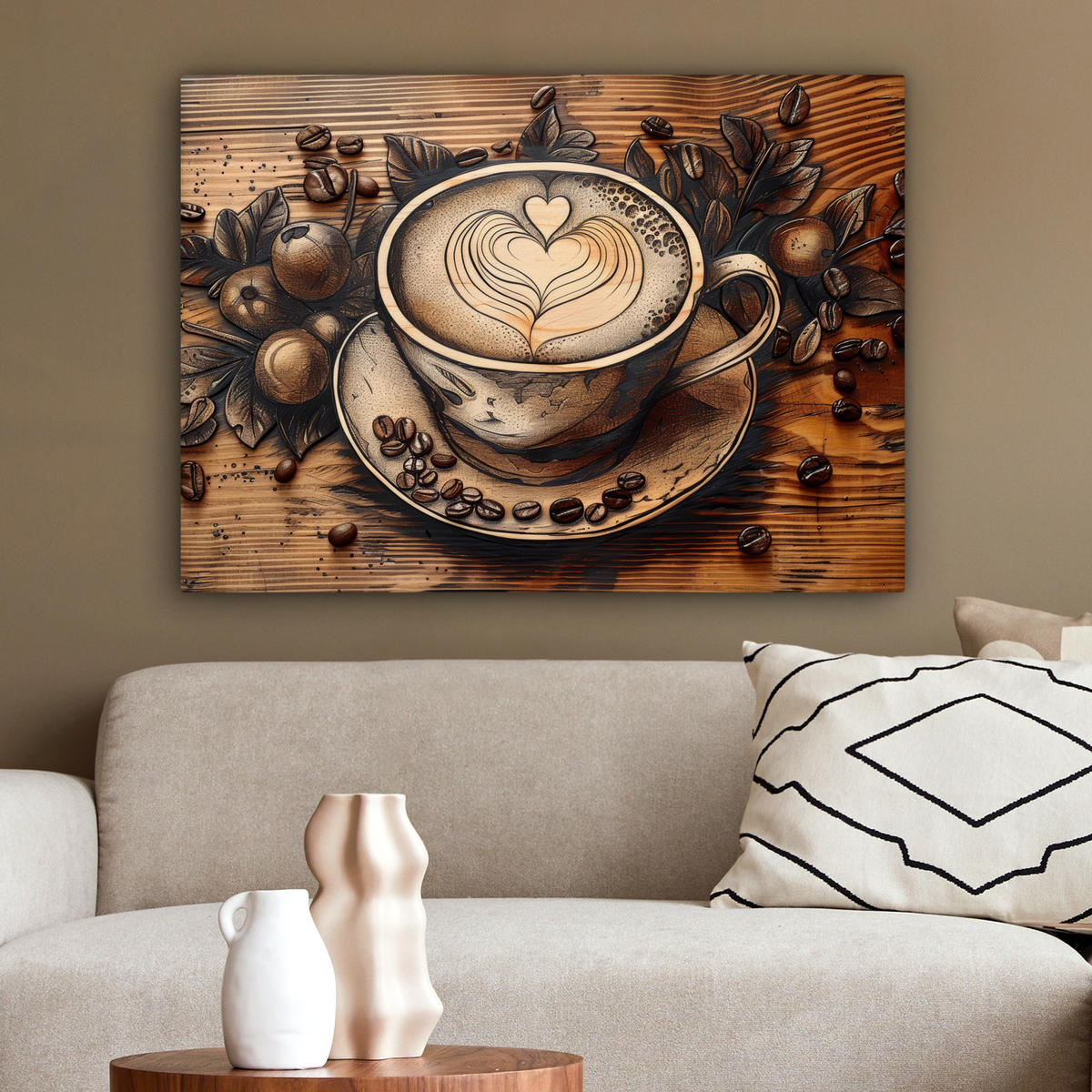 LEINWANDBILD Kaffee - Vintage - Braun - Tasse - Holz Wandbilder 80x60 cm - Braun, Textil (80/60cm) - MuchoWow