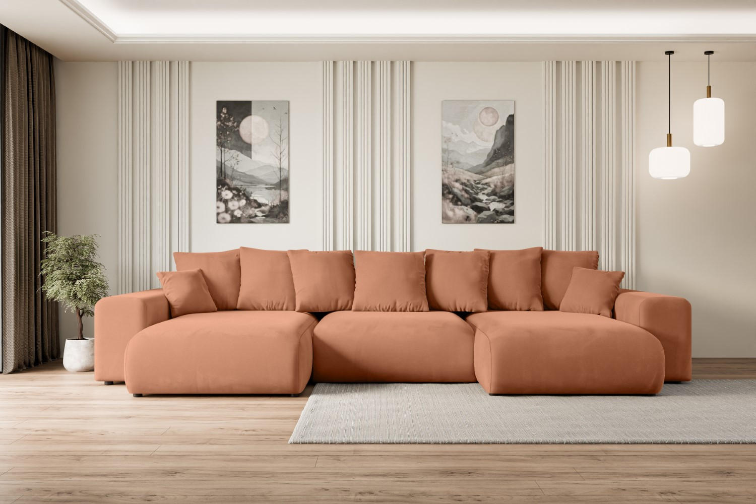 WOHNLANDSCHAFT mit Schlaffunktion und Bettkasten ESKAR-U -352x165x84cm Koralle Velours - Koralle/Schwarz, Holzwerkstoff/Kunststoff (352/84/165cm) - ALTDECOR