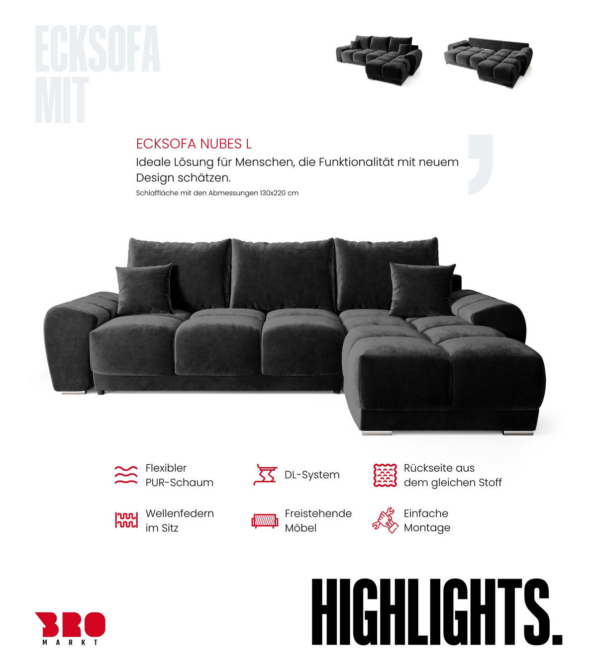 ECKSOFA Nubes mit Schlaffunktion Schwarz - Schwarz Hochglanz/Silberfarben, Kunststoff/Textil (290/180cm) - Bromarkt