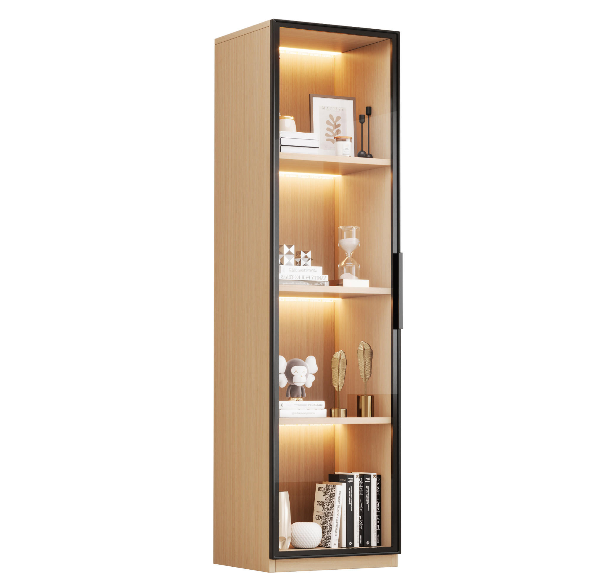 VITRÍNA 40/40/165 cm MDF dekor dub, s tvrdeným sklom a LED osvetlením - farba duba, kompozitné drevo (40/165/40cm) - BEAOK