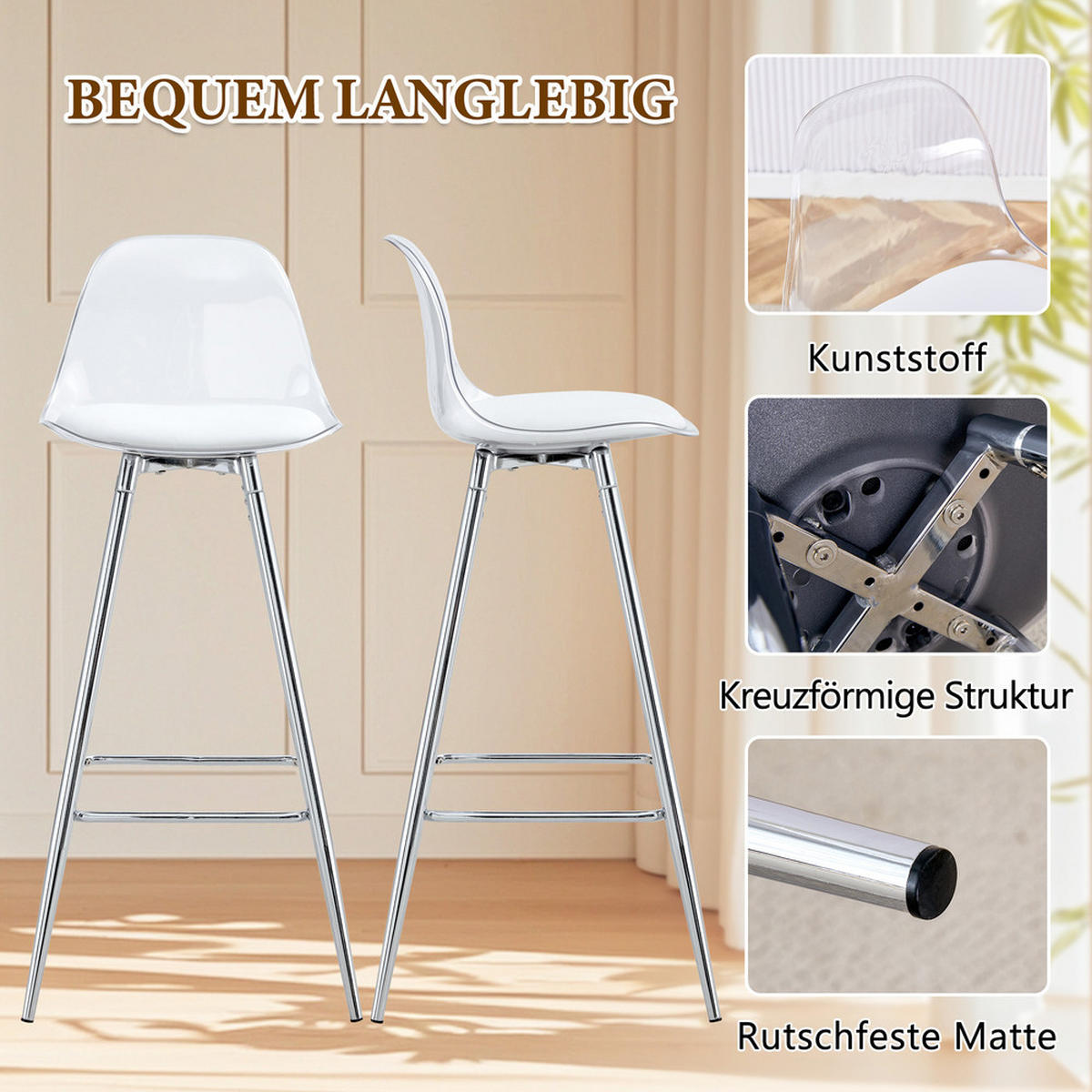 TISCHGRUPPE 3-tlg Runder Glastisch 89cm mit 2 Barhockern-Transparent und Flexibel - Transparent, Glas/Metall (41.5/33.5/72cm) - Raelunyi