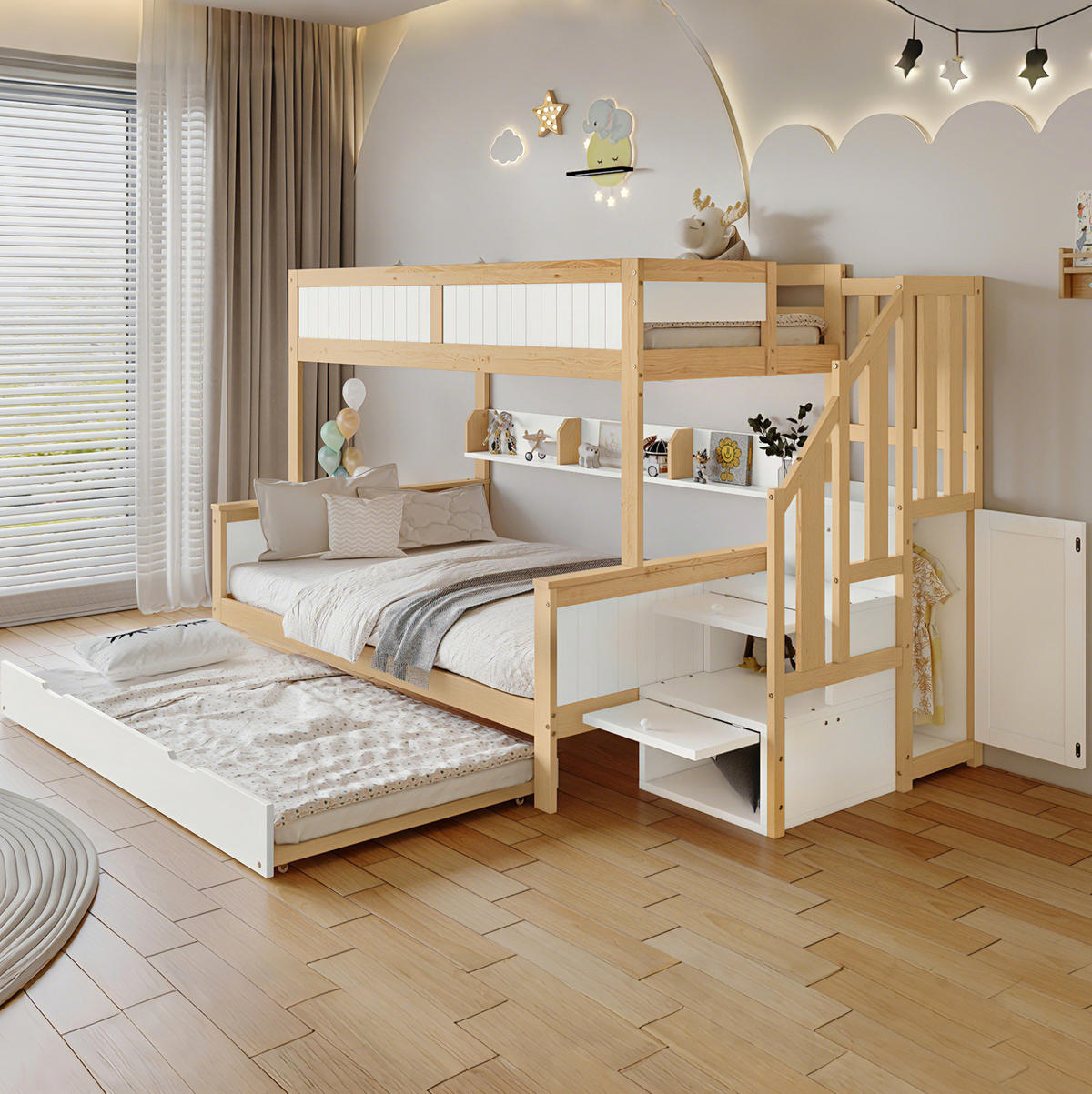 ETAGENBETT aus Kiefer und MDF 90x200/120x200 cm Weiß/Natur mit Rollbett, Stauraumtreppe und Kleiderschrank - Weiß, Holzwerkstoff (90/200cm) - Modfu
