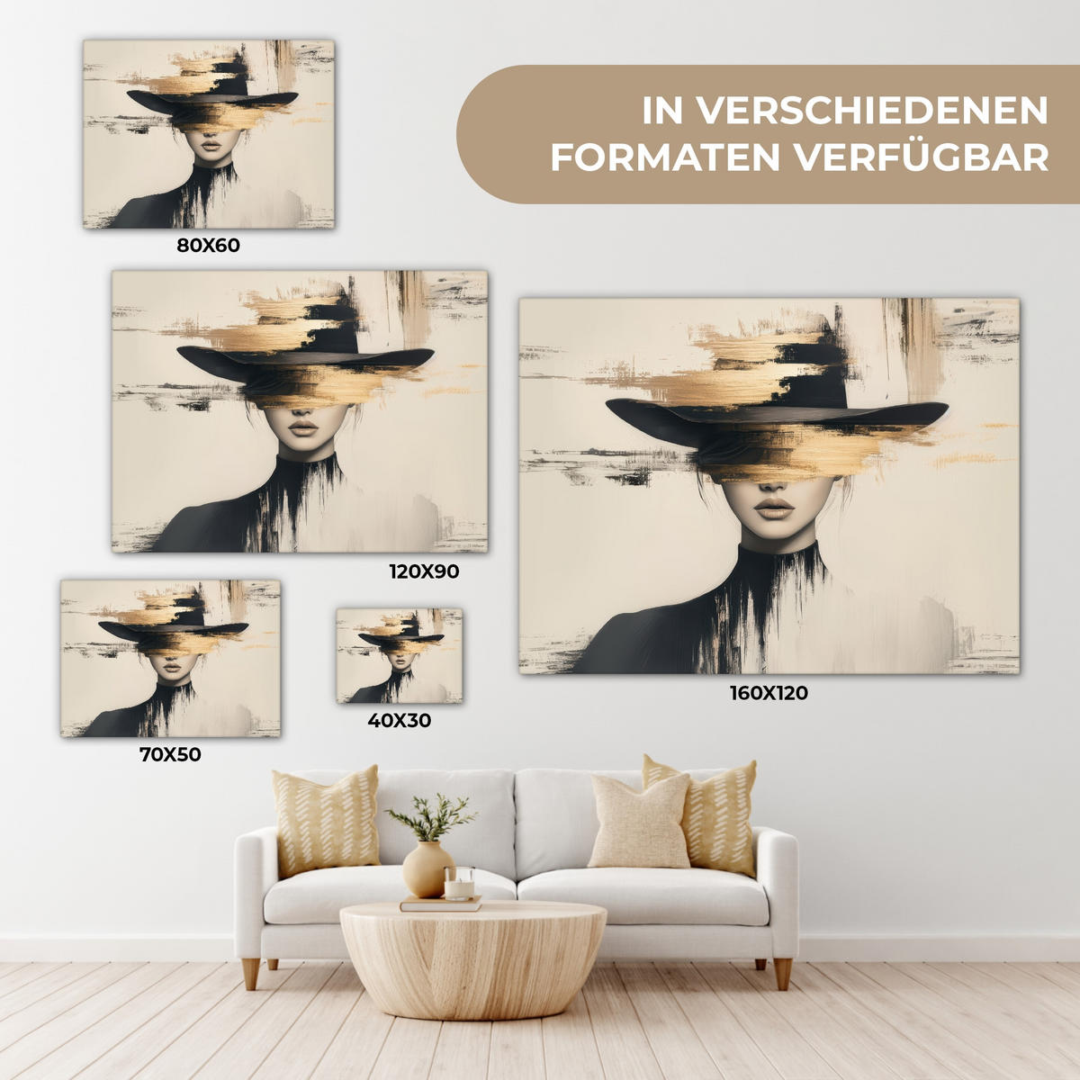 LEINWANDBILD Frau - Hut - Farbe Wandbilder 80x60 cm - Goldfarben, Textil (80/60cm) - MuchoWow