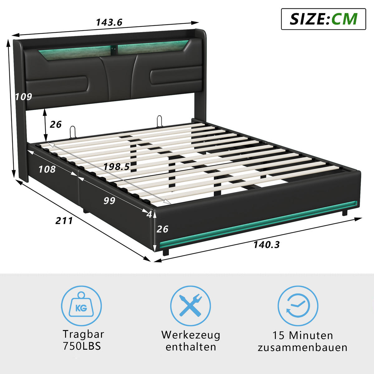 DOPPELBETT 140x200 cm Bettgestell mit Stauraum LED-Beleuchtung - Schwarz, Holz (140/200cm) - PARAFTA HOME