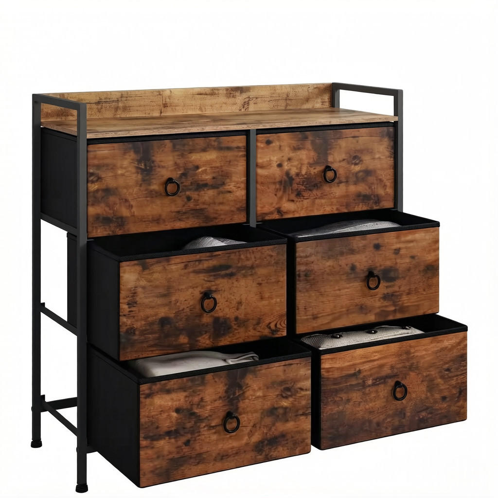KOMMODE DE-38072 80/29/78 cm mit 6 Stoffschubladen Rustikal-Braun - Braun, Holzwerkstoff (80/78/29cm) - ComfortXL