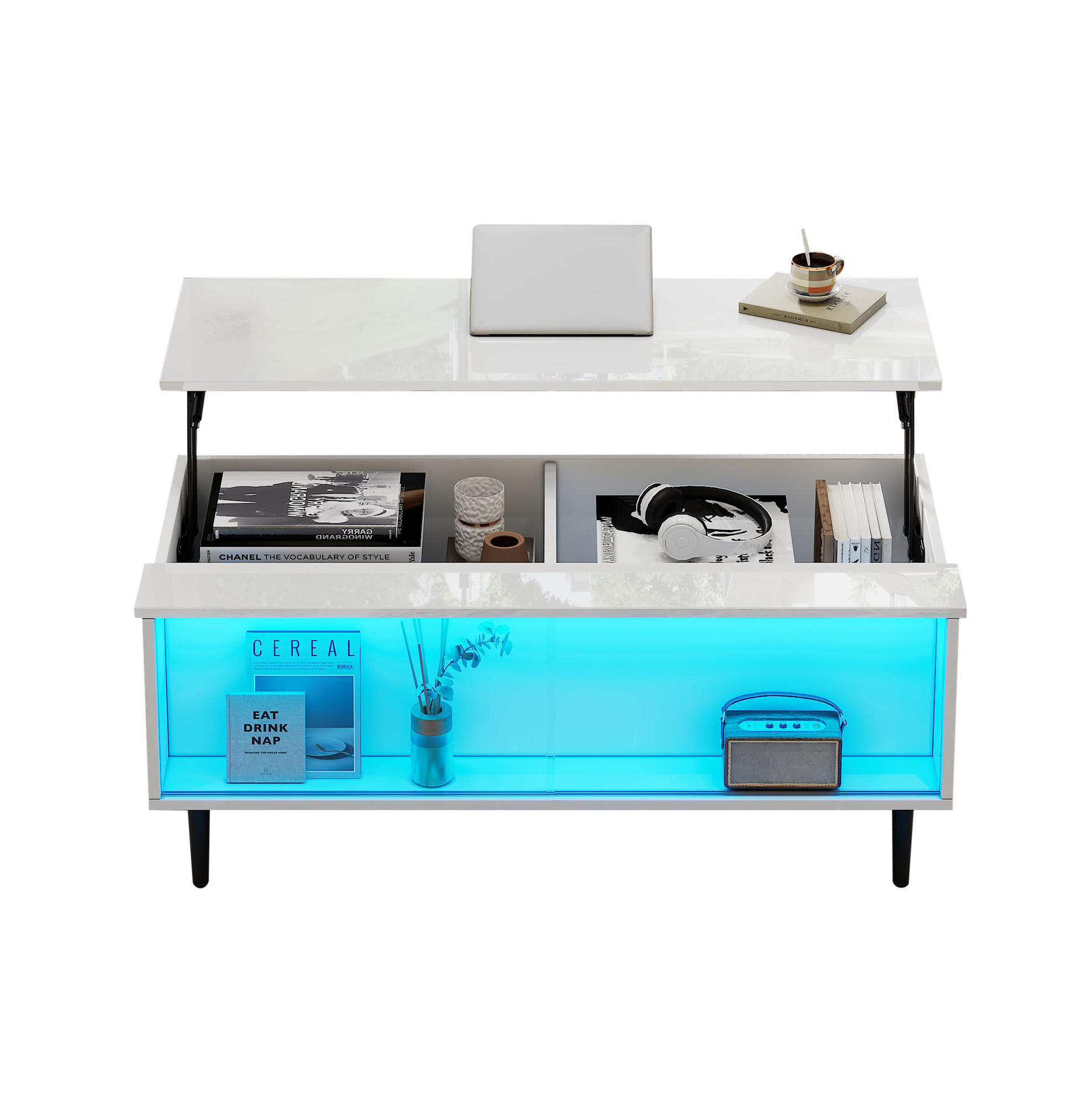 COUCHTISCH 105/50/43 cm höhenverstellbar mit verstecktem Stauraum, LED-Beleuchtung und Glasschiebetüren aus Spanplatte, Weiß - Weiß, Holzwerkstoff (105/50/43cm) - Redom