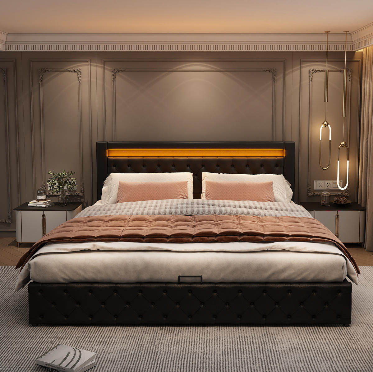 BETT mit Stauraum und LED 140x190 cm PU Black - Schwarz, Metall (140/190cm) - Meubliv