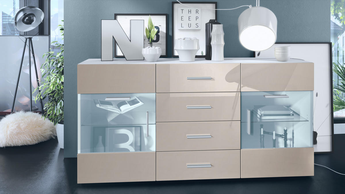 SIDEBOARD Carlos Sandgrau Hochglanz - Sandfarben, Holzwerkstoff (139/72/35cm) - Vladon