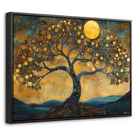 LEINWAND Bilder mit Rahmen - Baum - Mond - Blumen - Gold - Kunst - 40x30 - Orange, Textil (40/30cm) - MuchoWow