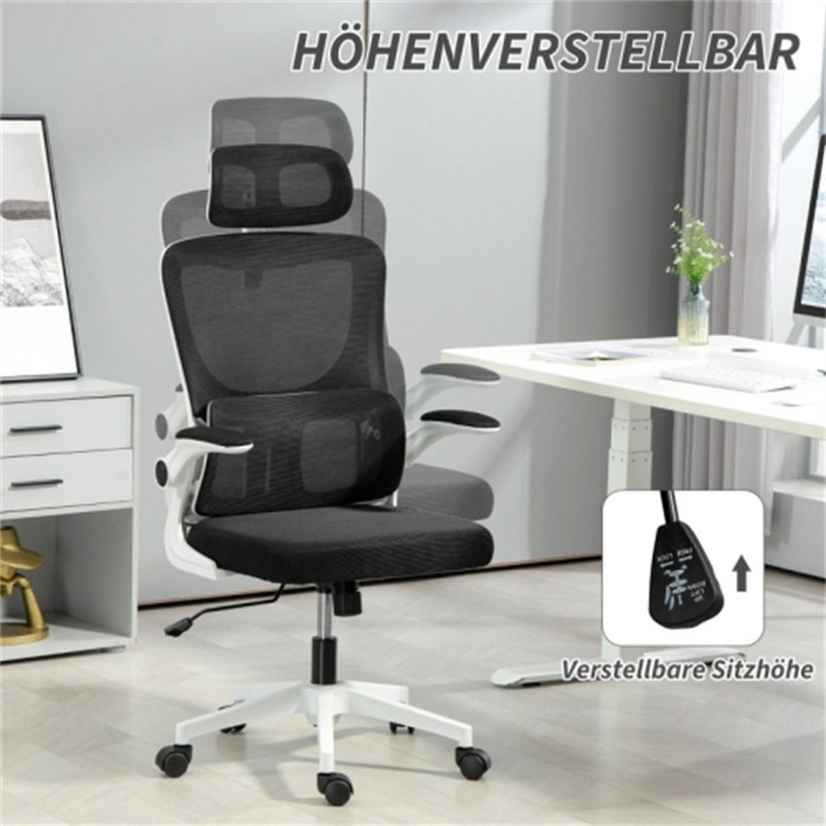 DREHSTUHL Ergonomisch Schwarz, höhenverstellbar & drehbar, Metall-Mesh-Bezug, 60 x 59 x 122 cm - Schwarz, Kunststoff (60/122/59cm) - Albatros