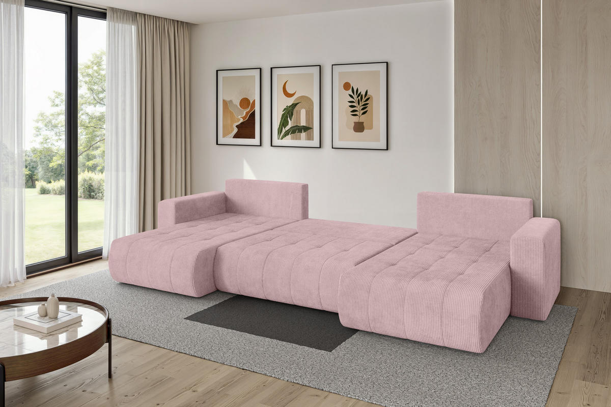 SEDACÍ SOUPRAVA DO U s funkcí spaní a úložným prostorem MILA-U 378x194x86 růžová manšestr - růžová/černá, kompozitní dřevo/textil (378/86/194cm) - ALTDECOR