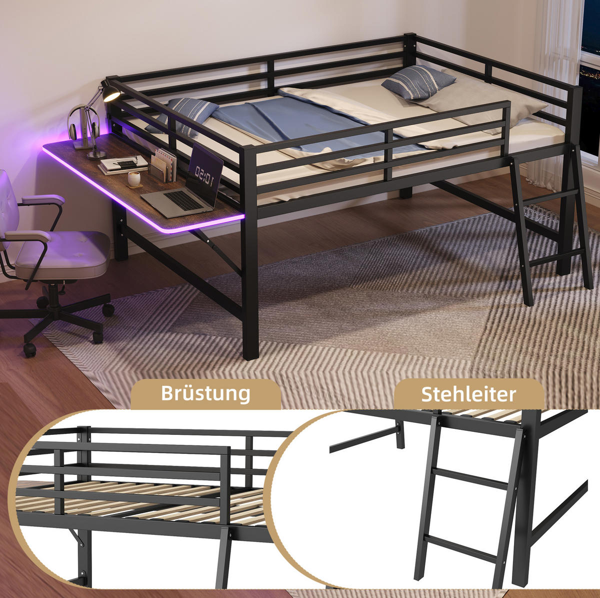 VYVÝŠENÁ posteľ 140/200 cm čierna z kovu so zábranou a rebríkom so sklápacím stolom a LED osvetlením - čierna, kov (140/200cm) - OKWISH