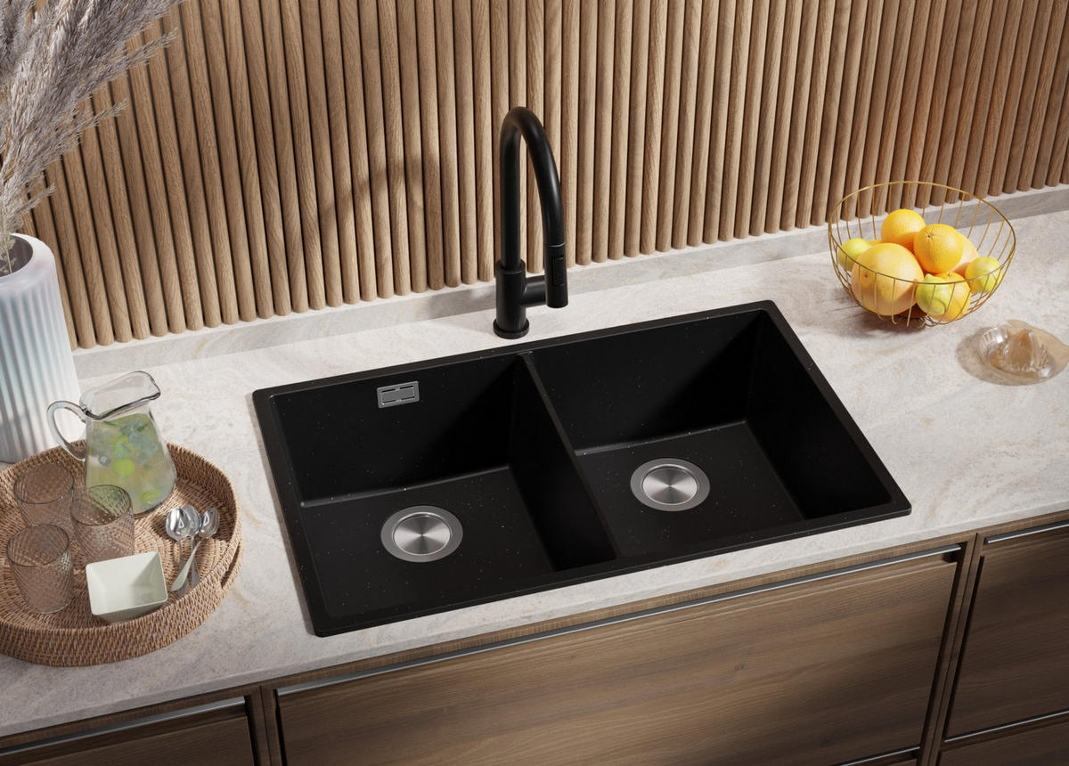 SPÜLBECKEN London Slim Twin, 2-er set Schwarz Metallic 76/47 cm 2 Becken + Ablauf-Set ab 80er Unterschrank - Chromfarben/Schwarz Hochglanz, Kunststoff (76/20/47cm) - Primagran