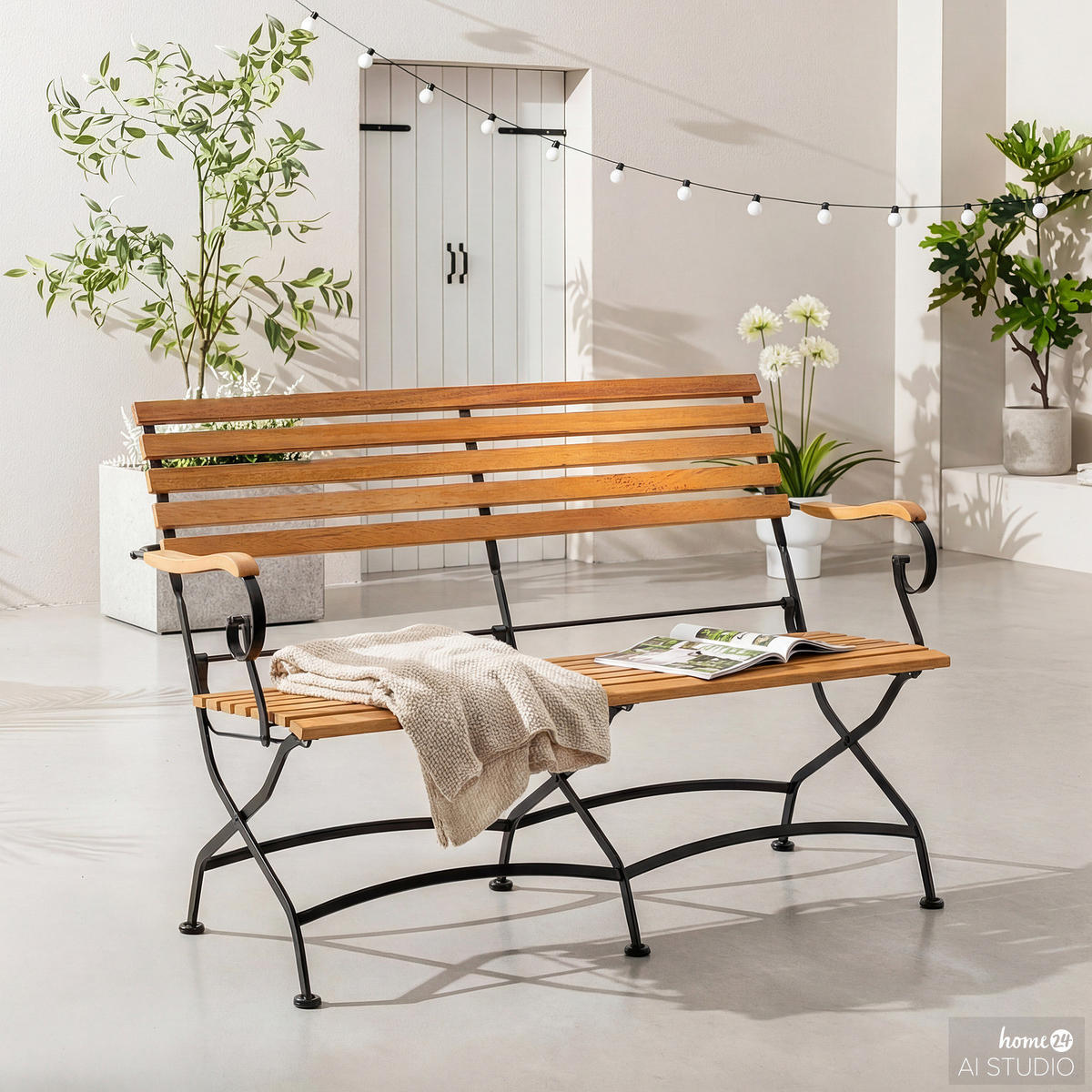 GARTENBANK - Akazie massiv / Stahl - Akazie / Schwarz - Schwarz/Akaziefarben, Holz/Metall (121/89/55cm) - home24