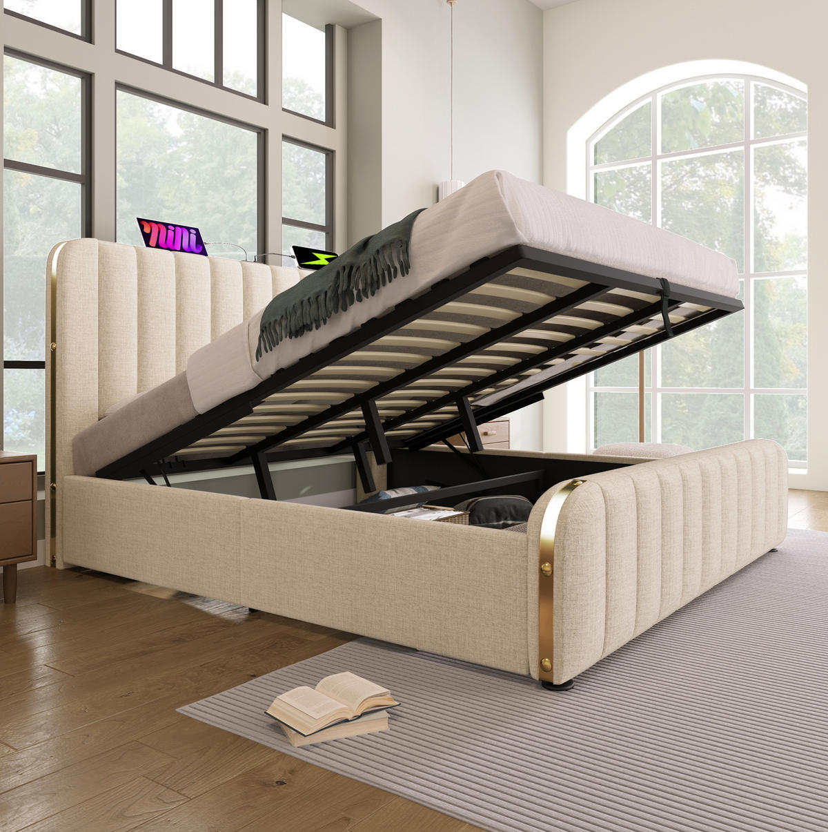 BETT mit Stauraum USB/Typ-C 180x200 cm Leinen Beige inkl. Matratze - Beige, Metall (180/200cm) - Meubliv