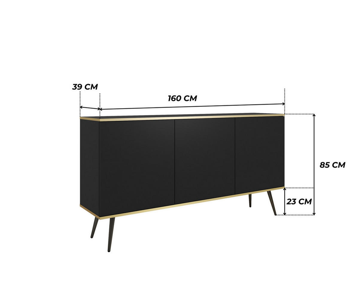 KOMMODE FORNO (Schwarz, Goldene Details, 3 Türen, schwarze Metallfüße) - Schwarz, Holz/Holzwerkstoff (160/85/39cm) - Ravio