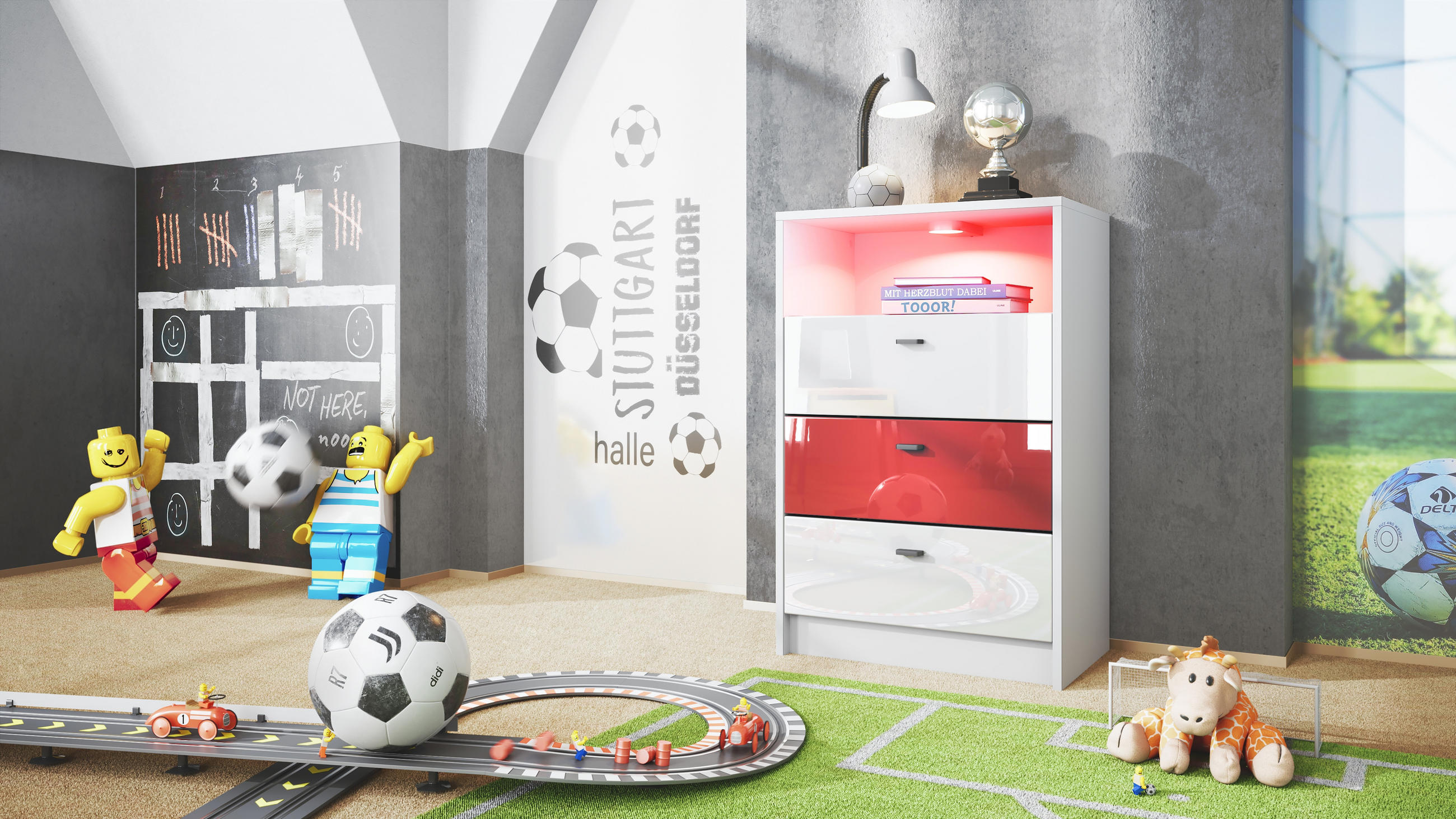 KOMMODE Pino Fronten Weiß, Rot & Weiß - Weiß, Holzwerkstoff (56/86/36cm) - Vladon