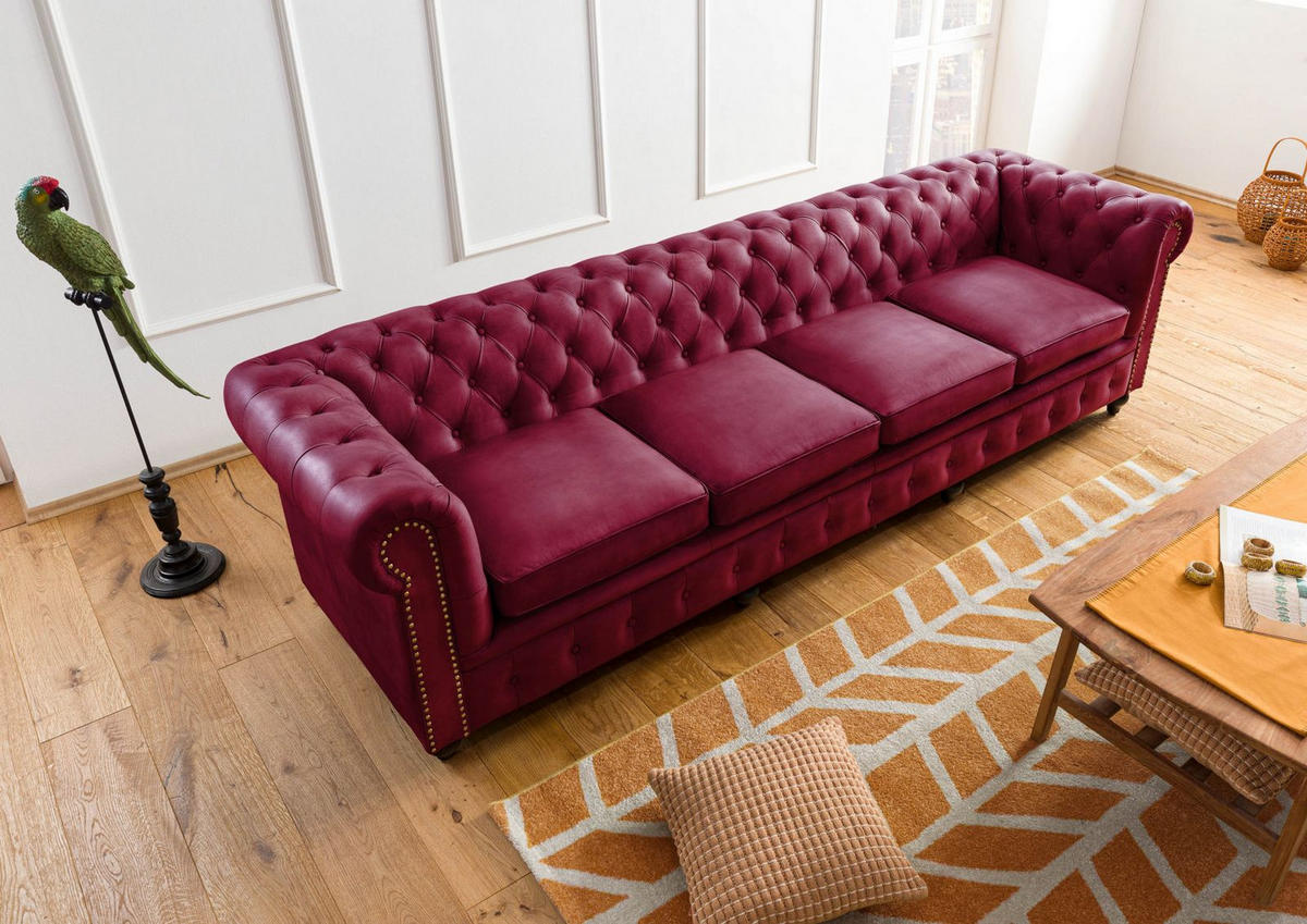 SOFA 4-Sitzer Echtleder 274x82x75 rot CHESTERFIELD #404 - Rot, Leder (274/75/82cm) - Massivmoebel24