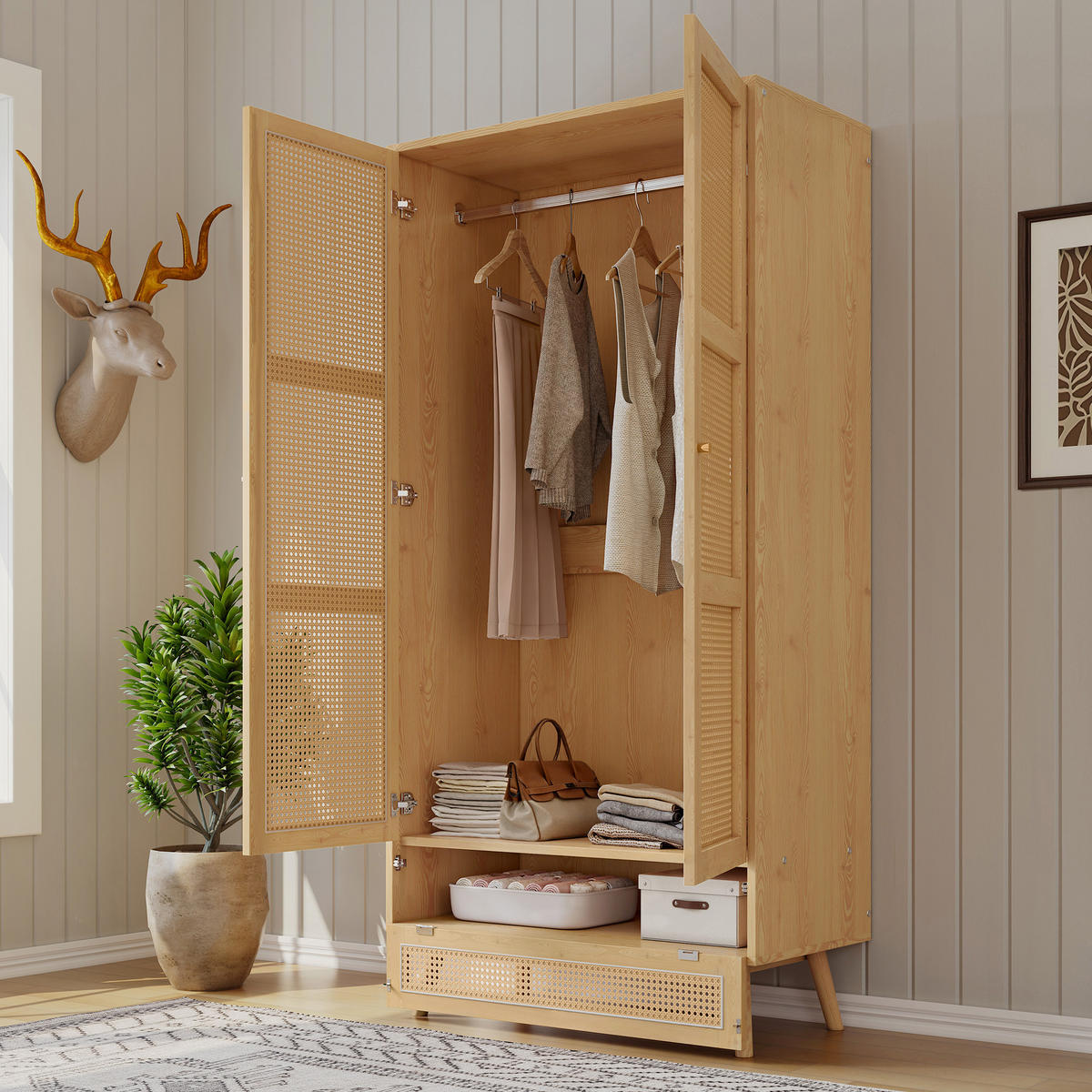 KLEIDERSCHRANK 90/45/183 cm mit 2 Drehtüren und Rattan-Optik in Natur - Naturfarben, Holz (90/183/45cm) - BEAOK