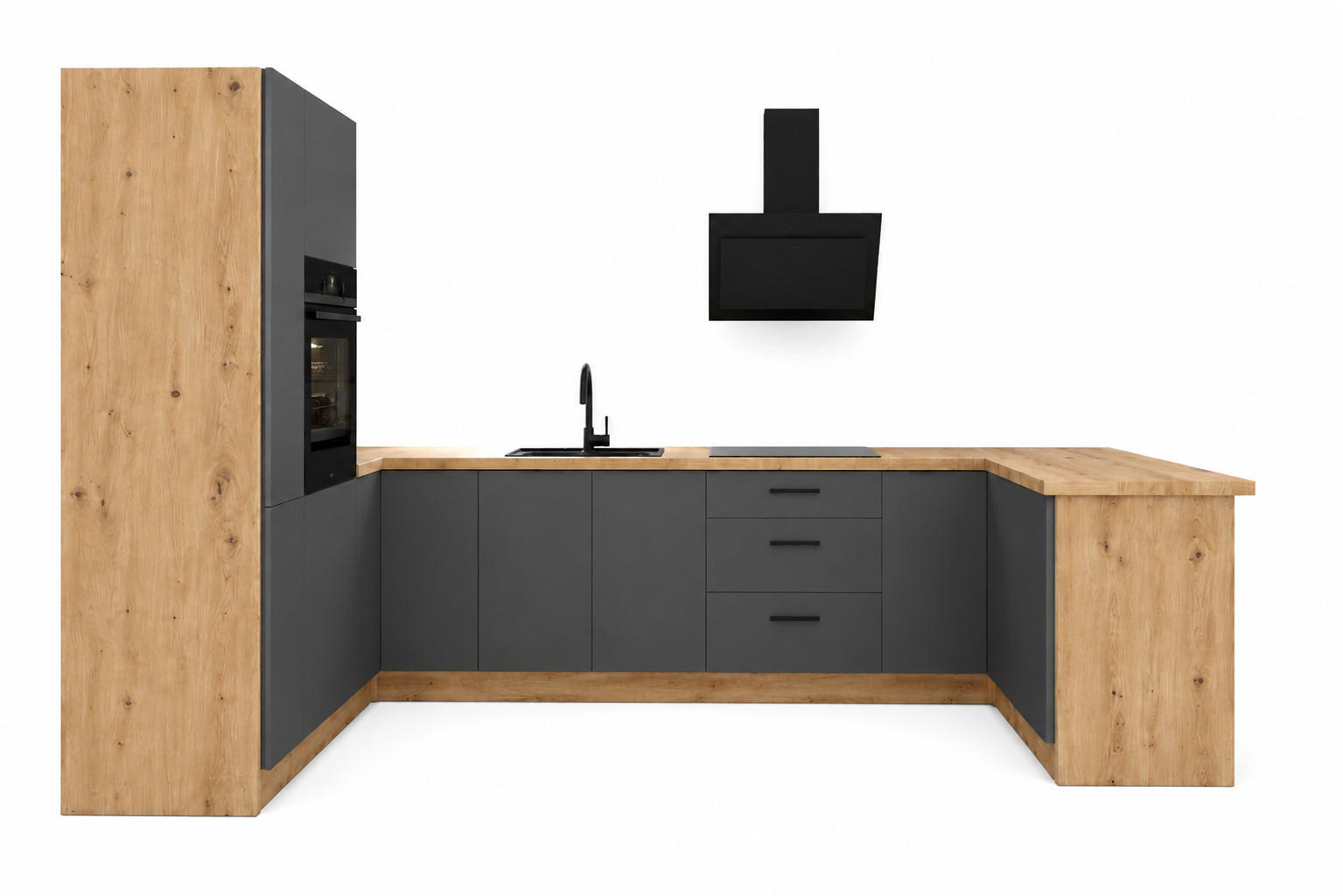 ECKKÜCHE 210 x 320 x 150 cm – Nexa K103-G680 – in Grau / Matt - Schwarz/Grau, Holz/Metall (320/212/58cm) - ROYAL24_MARKT