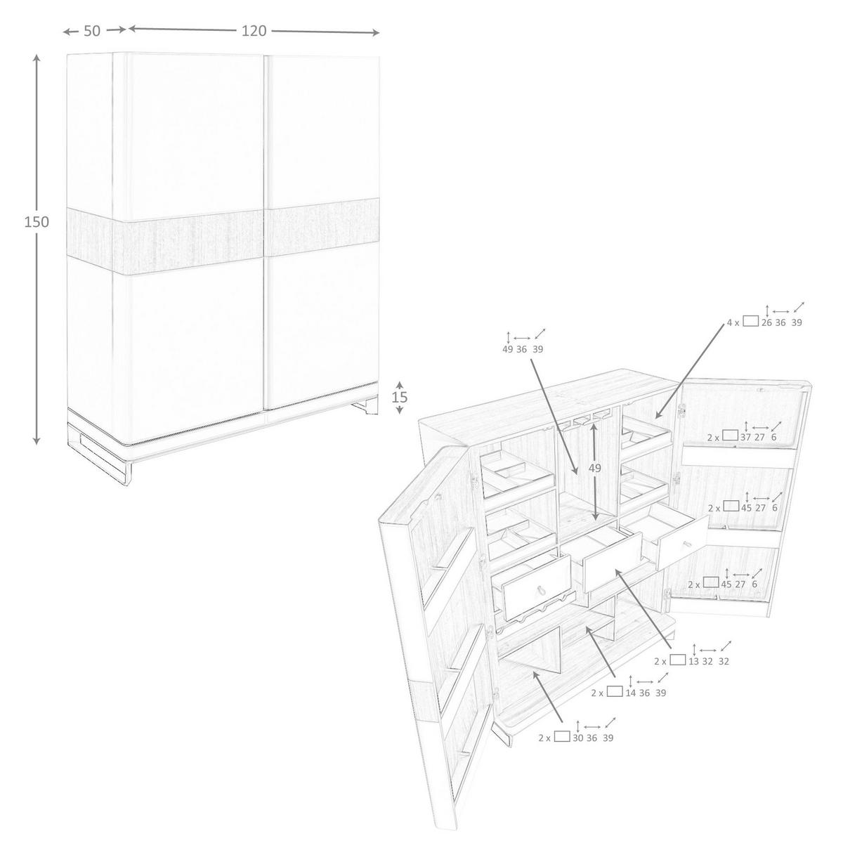 HIGHBOARD aus Leder, Nussbaum und poliertem Stahl 120/50/150 cm - Silberfarben/Walnussfarben, Leder/Holz (120/150/50cm) - ANGEL CERDA