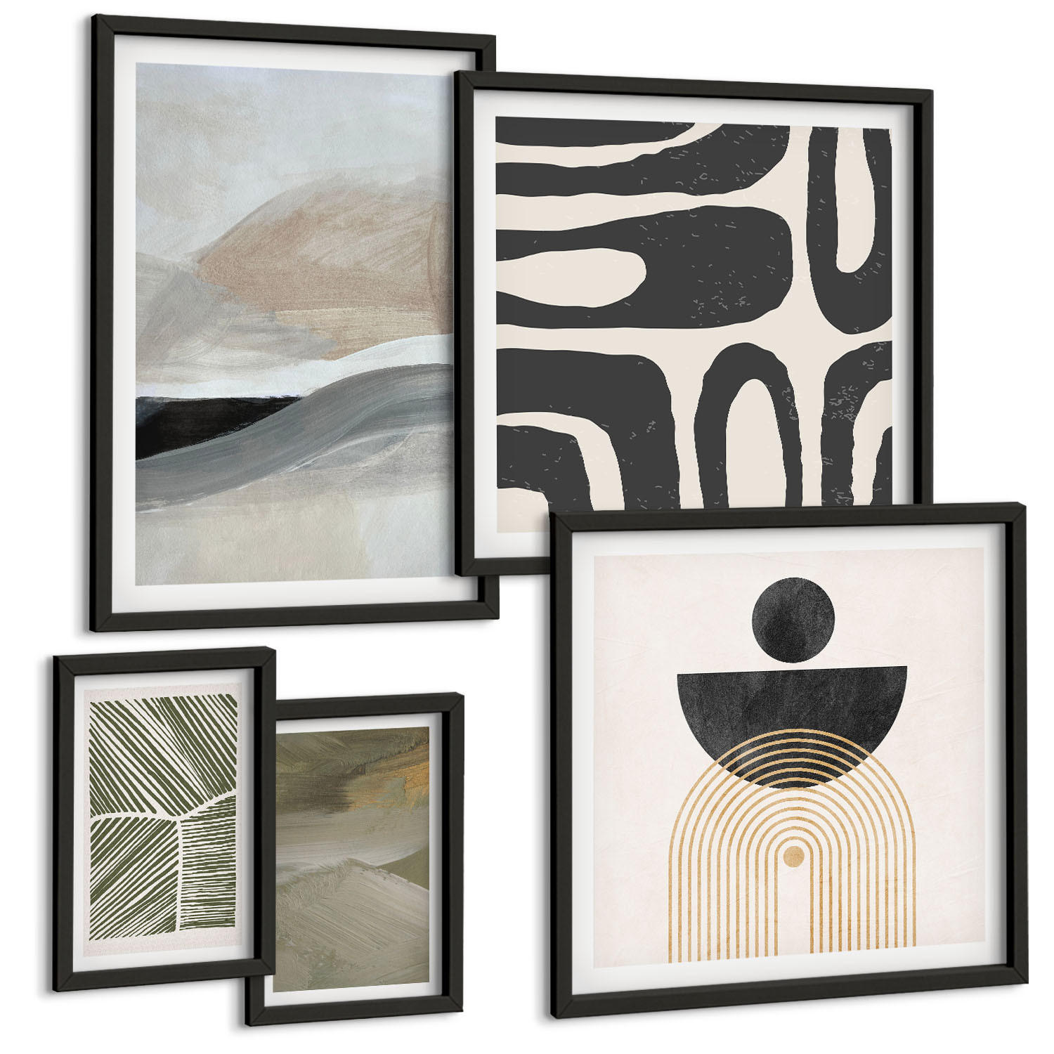 BILDER SET 5er Set - 50x50 cm & 20x30 cm & 40x60 cm Schwarzer Rahmen - Gemalte abstrakte Dekorationen - Schwarz, Kunststoff (40/60cm) - TULUP