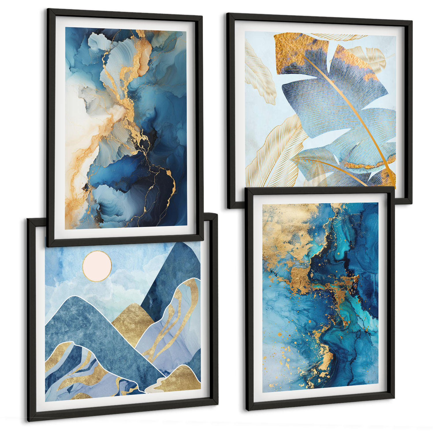 BILDER SET 4er Set - 50x50 cm & 40x60 cm Schwarzer Rahmen - Goldmuster in den blauen Bergen - Schwarz, Kunststoff (50/50cm) - TULUP