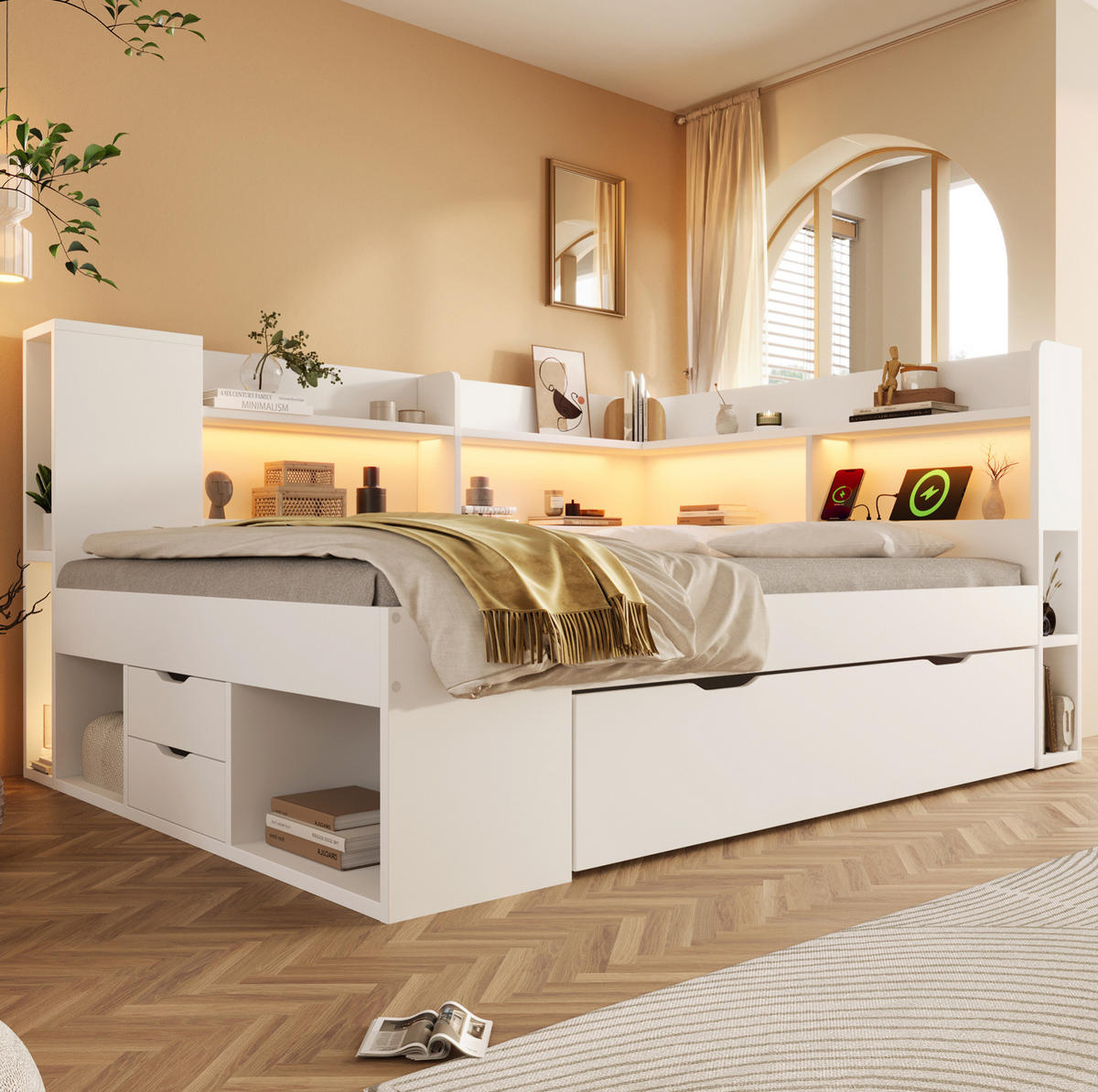 DENNÁ posteľ 140/200 cm biela z MDF a drevotriesky s LED osvetlením úložným priestorom a USB nabíjaním - biela, kompozitné drevo (140/200cm) - OKWISH