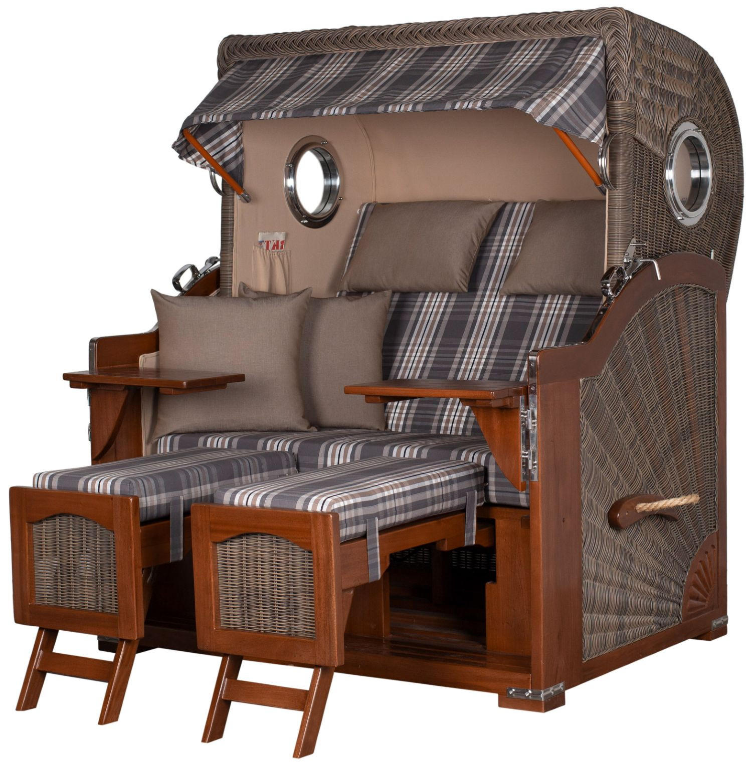 STRANDKORB Komplettset: Ammersee Grande XL Mahagoni Bullauge - PE grau - Modell 522 - Beige/Braun, Holz/Kunststoff (142/165/95cm) - bene living