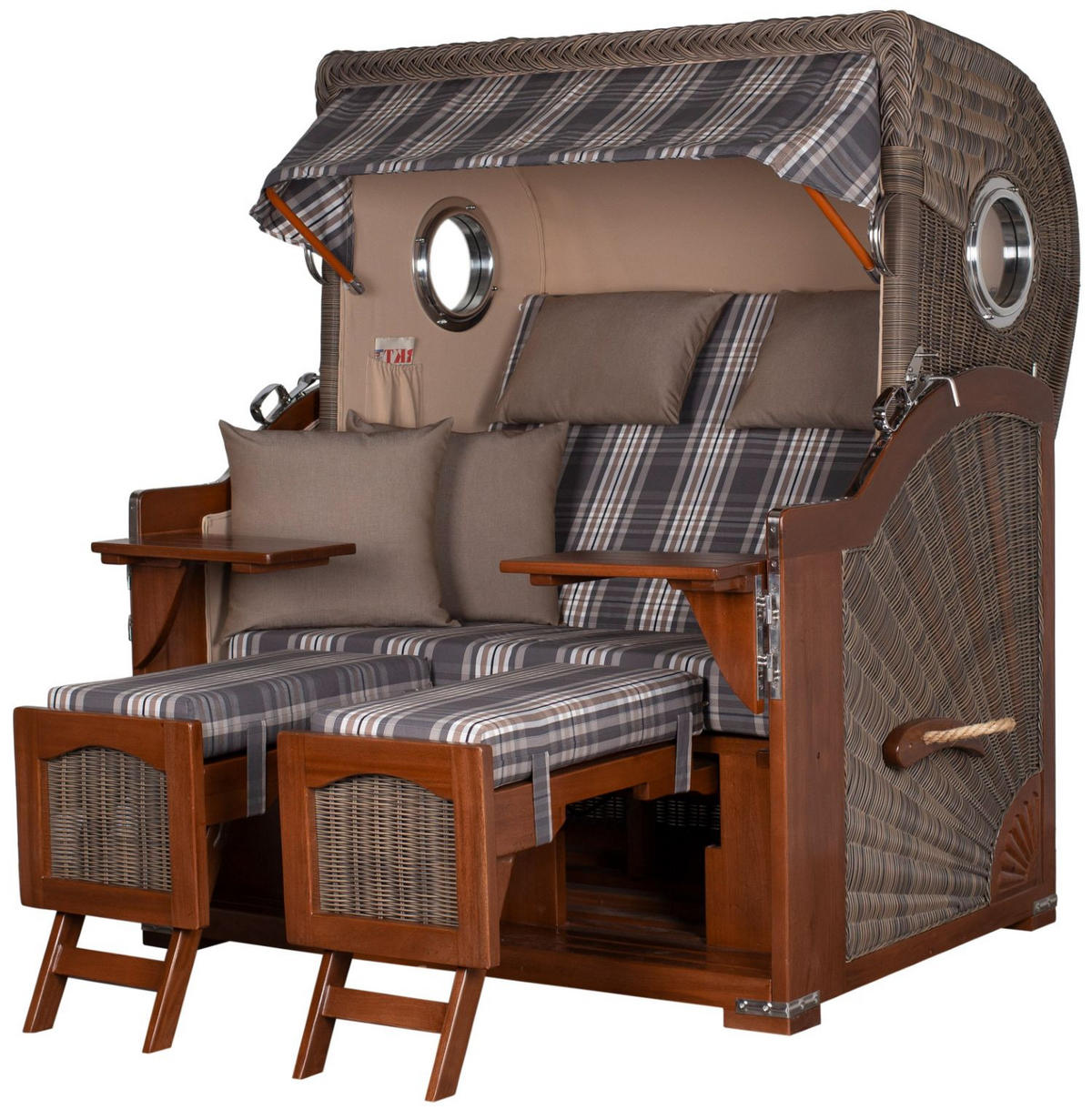 STRANDKORB Komplettset: Ammersee Grande XL Mahagoni Bullauge - PE grau - Modell 522 - Beige/Braun, Holz/Kunststoff (142/165/95cm) - bene living