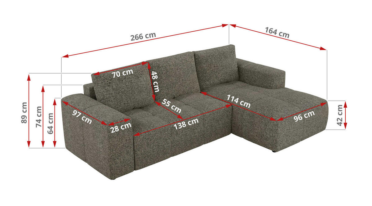 ECKSOFA MONIVA Grau Strukture - Links - Schwarz/Grau, Textil (164/266cm) - MKS