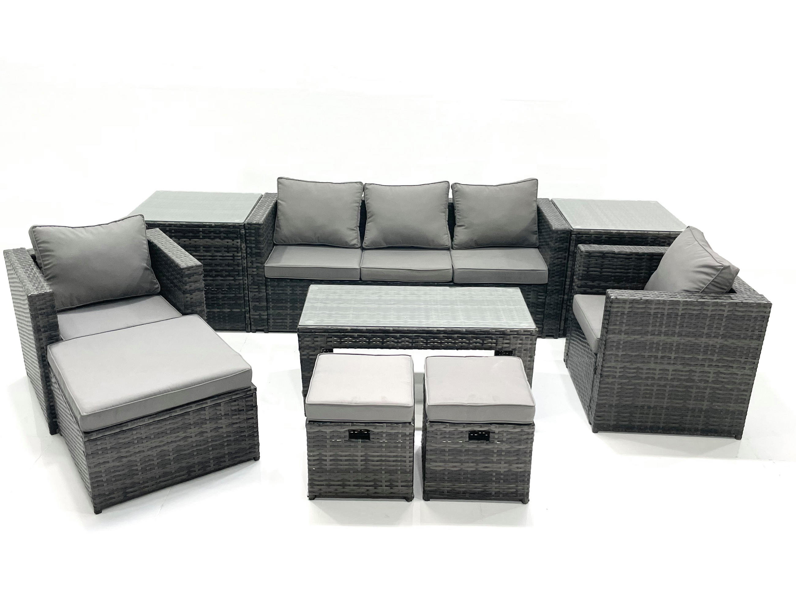 GARTENMÖBEL-SET COUCHTISCH SESSEL SOFA mit HOCKER Polyrattan Dunkelgrau Gemischt 8-Sitzer - Dunkelgrau/Grau, Glas/Kunststoff - Fimous
