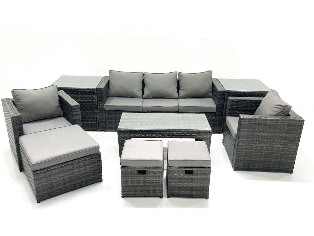 GARTENMÖBEL-SET COUCHTISCH SESSEL SOFA mit HOCKER Polyrattan Dunkelgrau Gemischt 8-Sitzer - Dunkelgrau/Grau, Glas/Kunststoff - Fimous