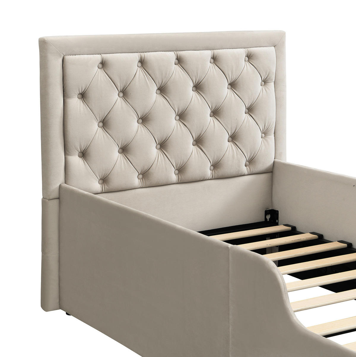KINDERBETT 90/200 cm aus Samt in Beige – mit Stauraum und Lattenrost - Beige, Holzwerkstoff (90/200cm) - BEAOK