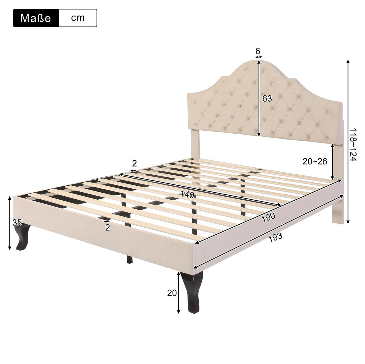 POLSTERBETT 140/190 cm beige aus Samt mit höhenverstellbarem Kopfteil - Beige, Textil (140/190cm) - OKWISH