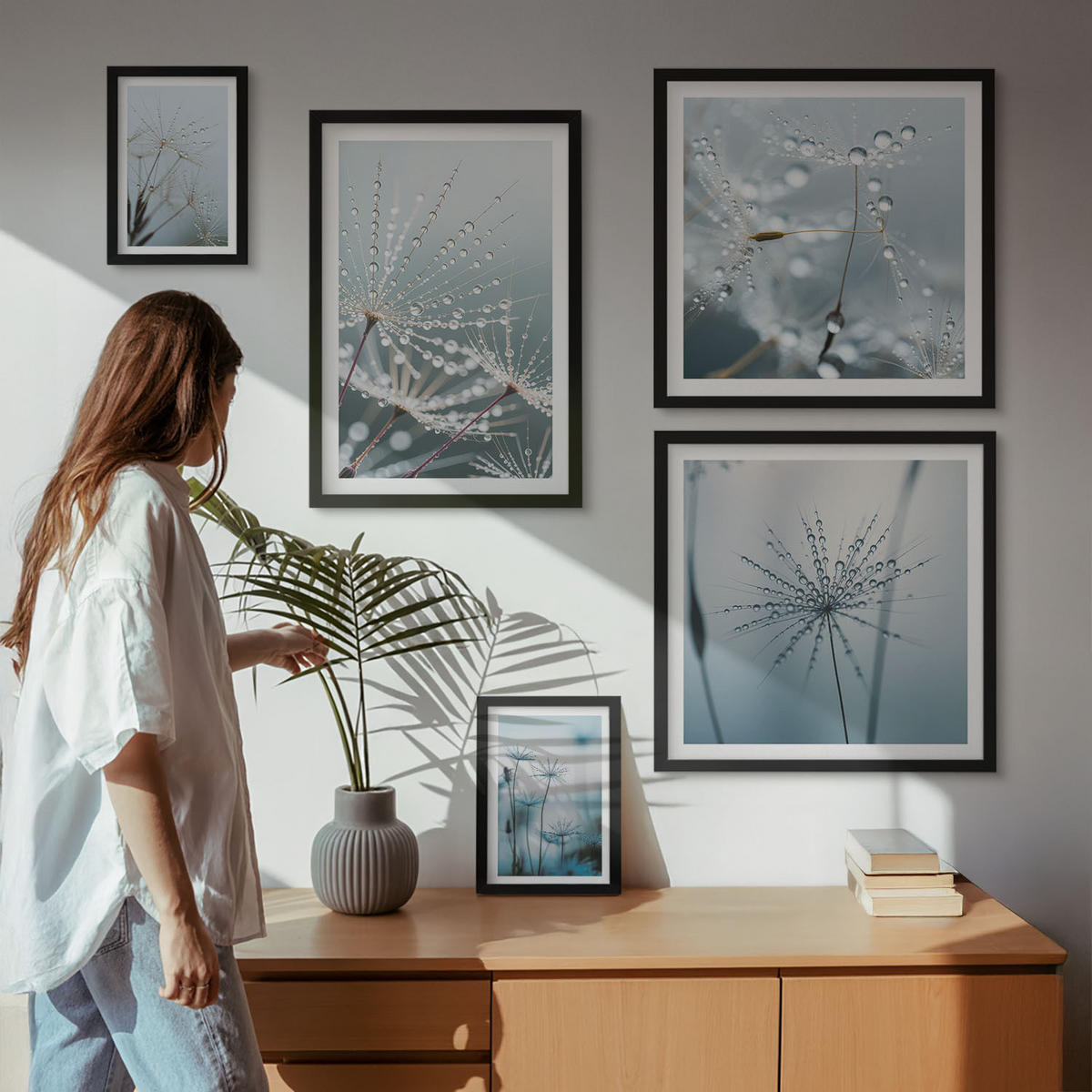 WANDBILDER 5er-Set - 50x50 cm & 20x30 cm & 40x60 cm Schwarzer Rahmen - Tautropfen auf Löwenzahn - Schwarz, Kunststoff (40/60cm) - ArtPrintCave