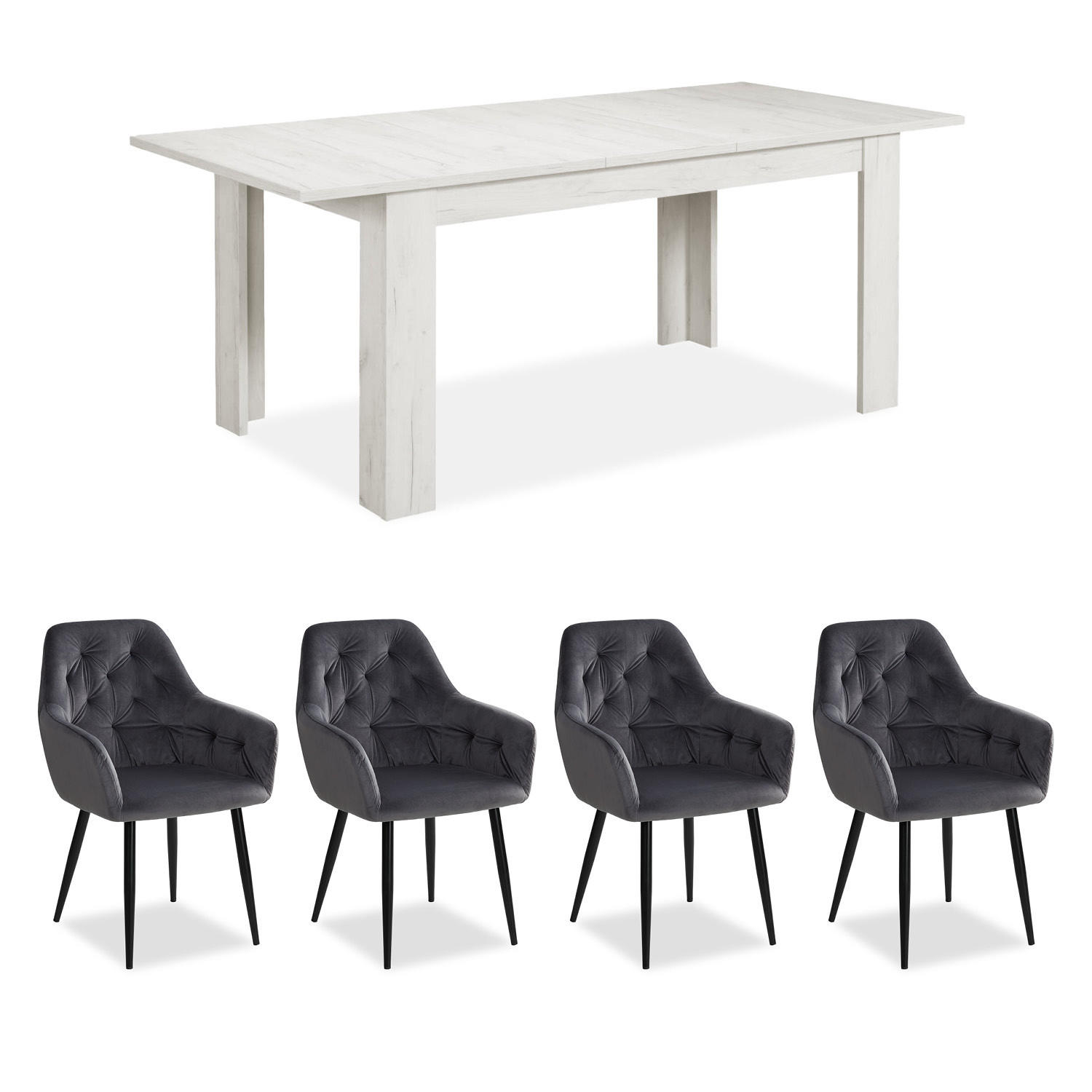 TISCHGRUPPE 160-200/90 cm weiß mit 4 Stühle Samt - Schwarz/Weiß, Holz/Textil (90/89/160cm) - Homestyle4u
