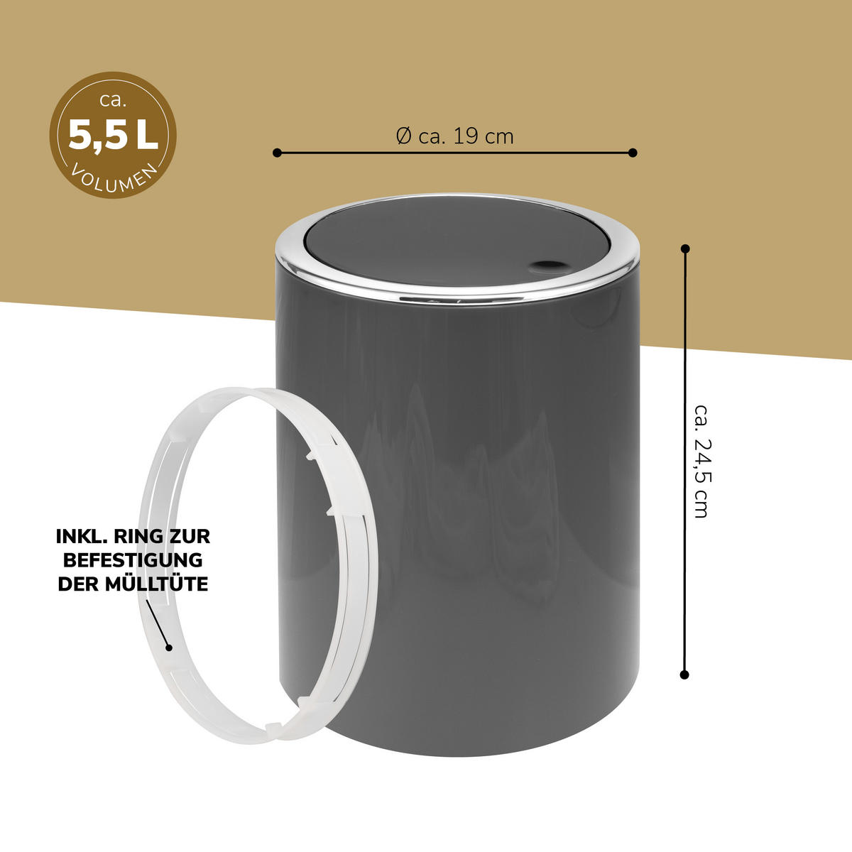 KOSMETIKEIMER SAVONA 5,5 Liter, grau - Grau, Kunststoff (19/24.5/19cm) - bremermann