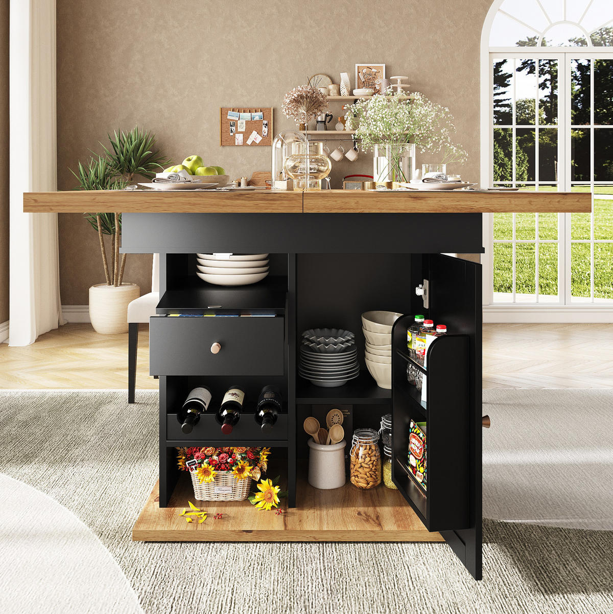 ESSTISCH, ausziehbar 110-140/80/75 cm mit Stauraum & Snack-/Weinregal, Schwarz/Natur - Schwarz, Holzwerkstoff (110/80/75cm) - Redom