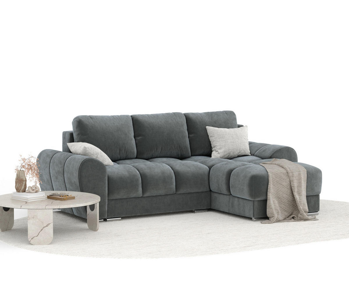 ECKSOFA MIT SCHLAFFUNKTION Peebles Dunkelgrau Samtstoff - Chromfarben/Grau, Holz/Holzwerkstoff (256/175cm) - Maison de Reve