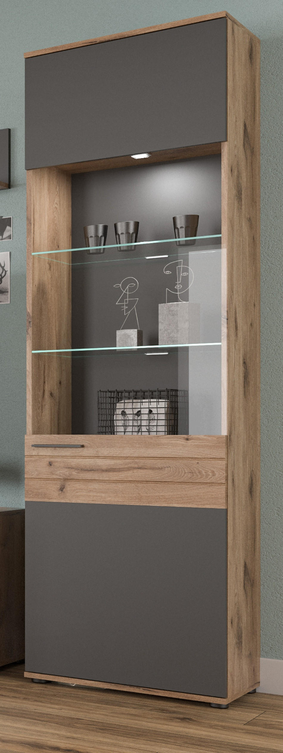 VITRINE Eiche, grau 57x200 cm mit Soft-Close, Wohn- und Esszimmer Vitrinenschrank - Eichefarben/Schwarz, Glas/Holzwerkstoff (57/200/37cm) - Inn.Furn