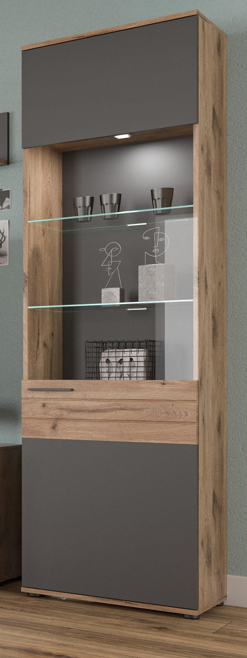 VITRINE Eiche, grau 57x200 cm mit Soft-Close, Wohn- und Esszimmer Vitrinenschrank - Eichefarben/Schwarz, Glas/Holzwerkstoff (57/200/37cm) - Inn.Furn