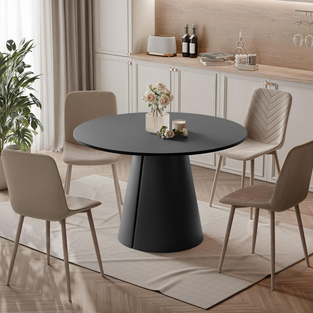 AUSZIEHTISCH BASE 120-196/76 cm, Schwarz - Schwarz, Holzwerkstoff/Metall (120/120/76cm) - Idohome