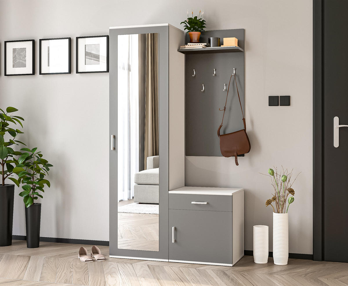 GARDEROBENSCHRANK Magnola Weiß Grau 100/180,5/35 cm – Modern, mit Spiegel und viel Stauraum - Weiß/Grau, Holzwerkstoff/Kunststoff (100/180.5/35cm) - AX Living