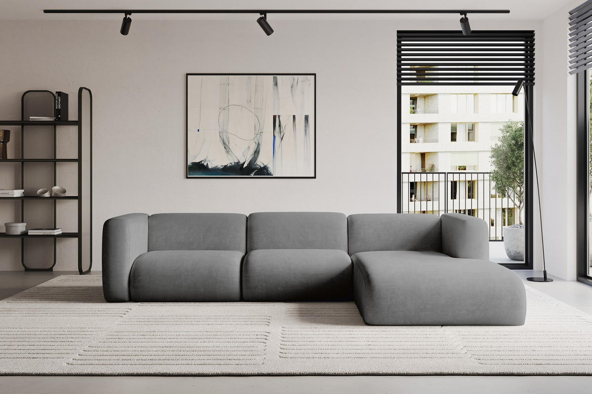 ECKSOFA Ottomane Rechts MIRA-L2 318x179x89 Grau Velours - Schieferfarben/Schwarz, Holzwerkstoff/Kunststoff (318/179cm) - ALTDECOR