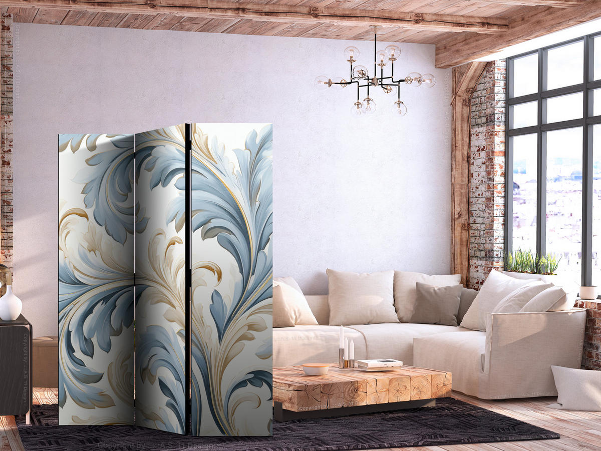 PARAVENT Einseitig Bedruckter 3-tlg 135x172 cm Barocke Ornamente - Blau, Holz/Textil (135/172/3cm) - Muralo