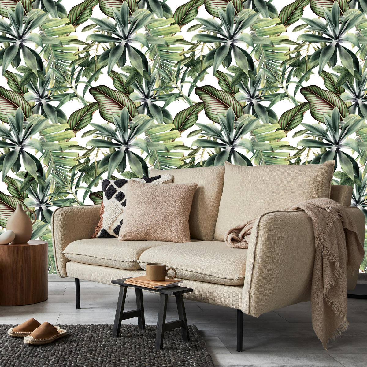 VLIESTAPETE Tropische Bananenblätter – Grün, Weiß – 50x1000 cm - Weiß/Grün, Papier (50/1000cm) - Muralo