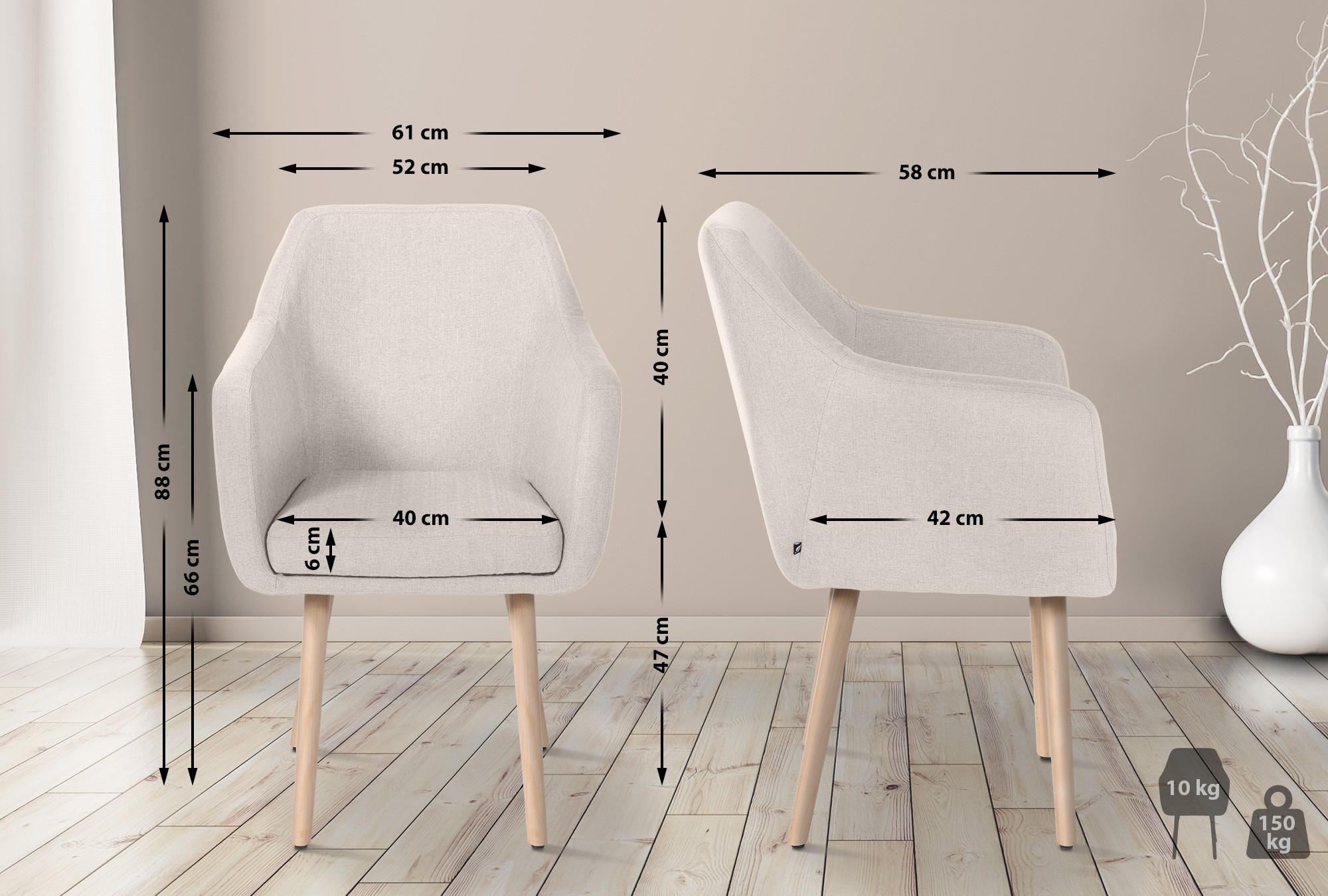 ARMLEHNENSTUHL Stoff creme - Eukalyptusholzfarben/Creme, Holz/Textil (61/88/57.5cm) - CLP