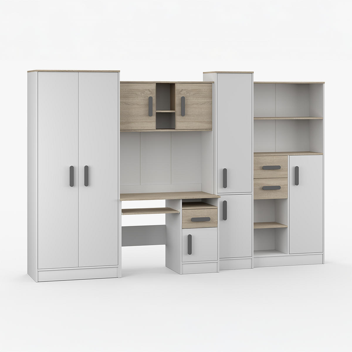 WOHNWAND Markus Weiß Sonoma Eiche mit griffenfarbe: Grau - Weiß/Grau, Holzwerkstoff (300/197/52cm) - imoebel24