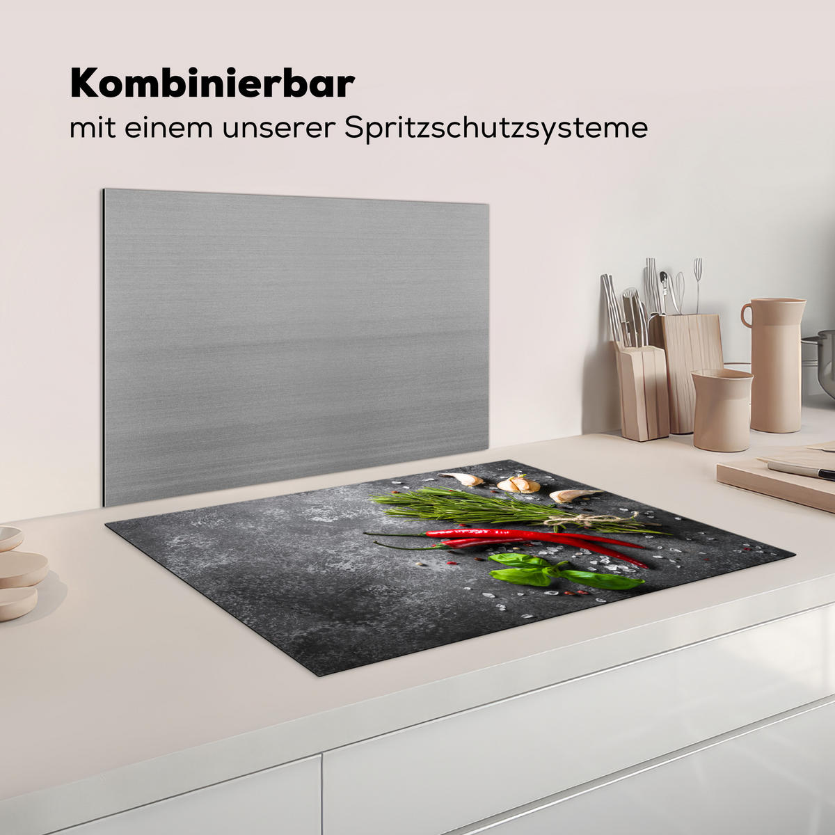 KRYT NA INDUKČNÍ DESKU Pepř - Bylinky - Koření - Beton 75x52 cm - červená, plast (75/52/0.2cm) - MuchoWow